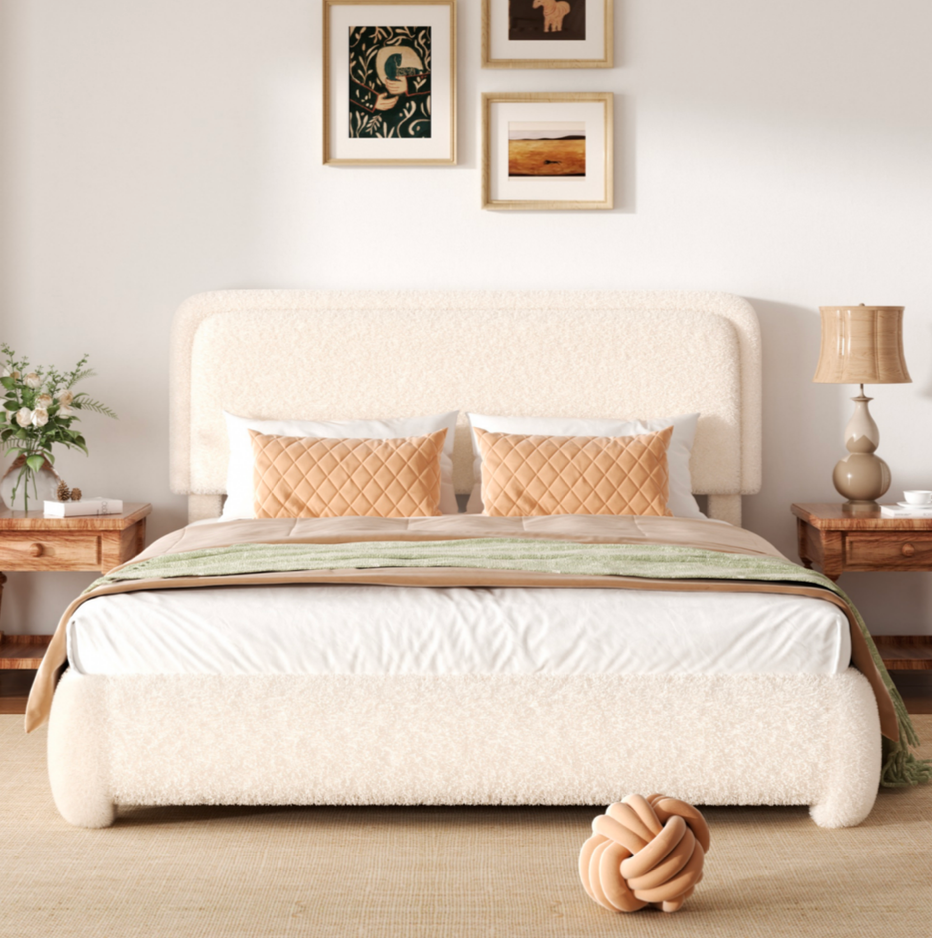 Fluffy Boucle Platform Bed Frame with Height Adjustable Headboard
