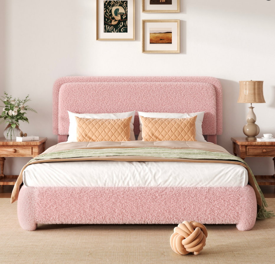 Fluffy Boucle Platform Bed Frame with Height Adjustable Headboard
