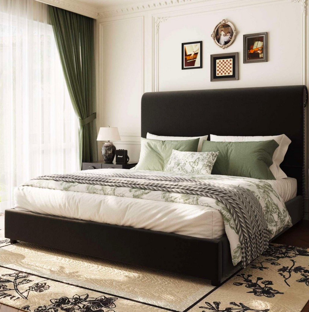 55" Tall Upholstered Wingback Platform Bed Frame