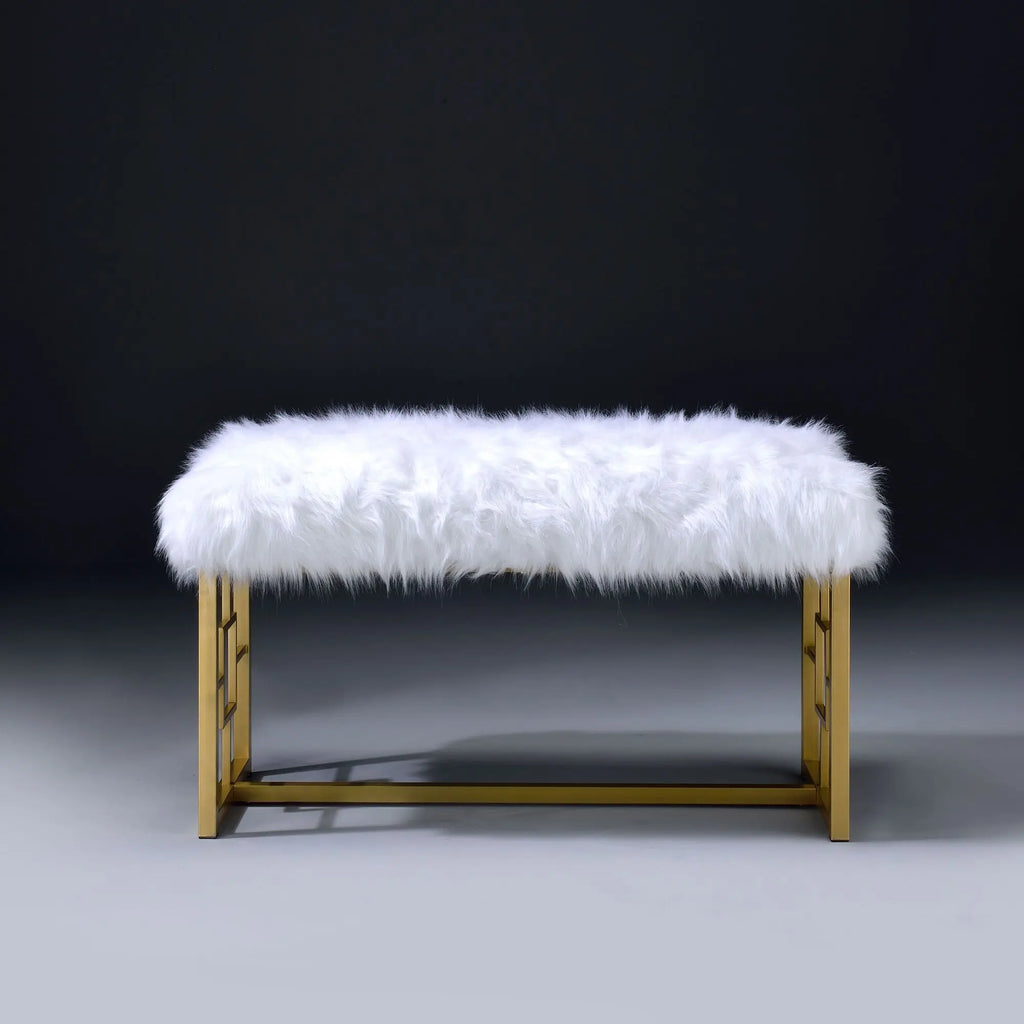 Modern White Faux Fur Bench with Gold Metal Frame