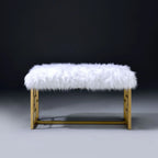 Modern White Faux Fur Bench with Gold Metal Frame