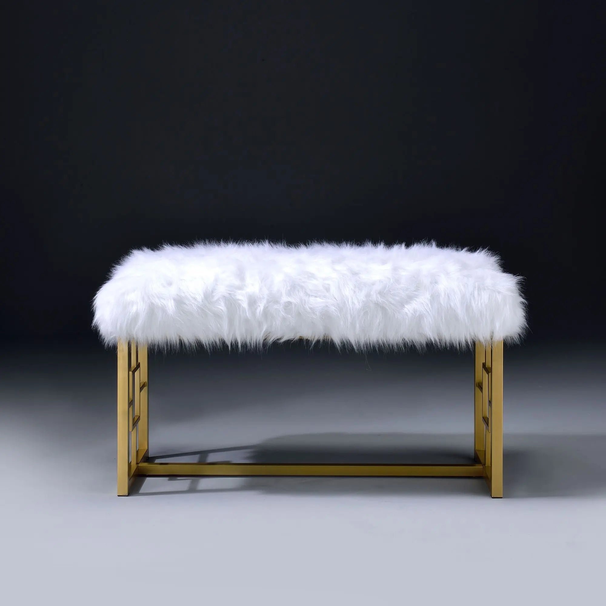 Modern White Faux Fur Bench with Gold Metal Frame
