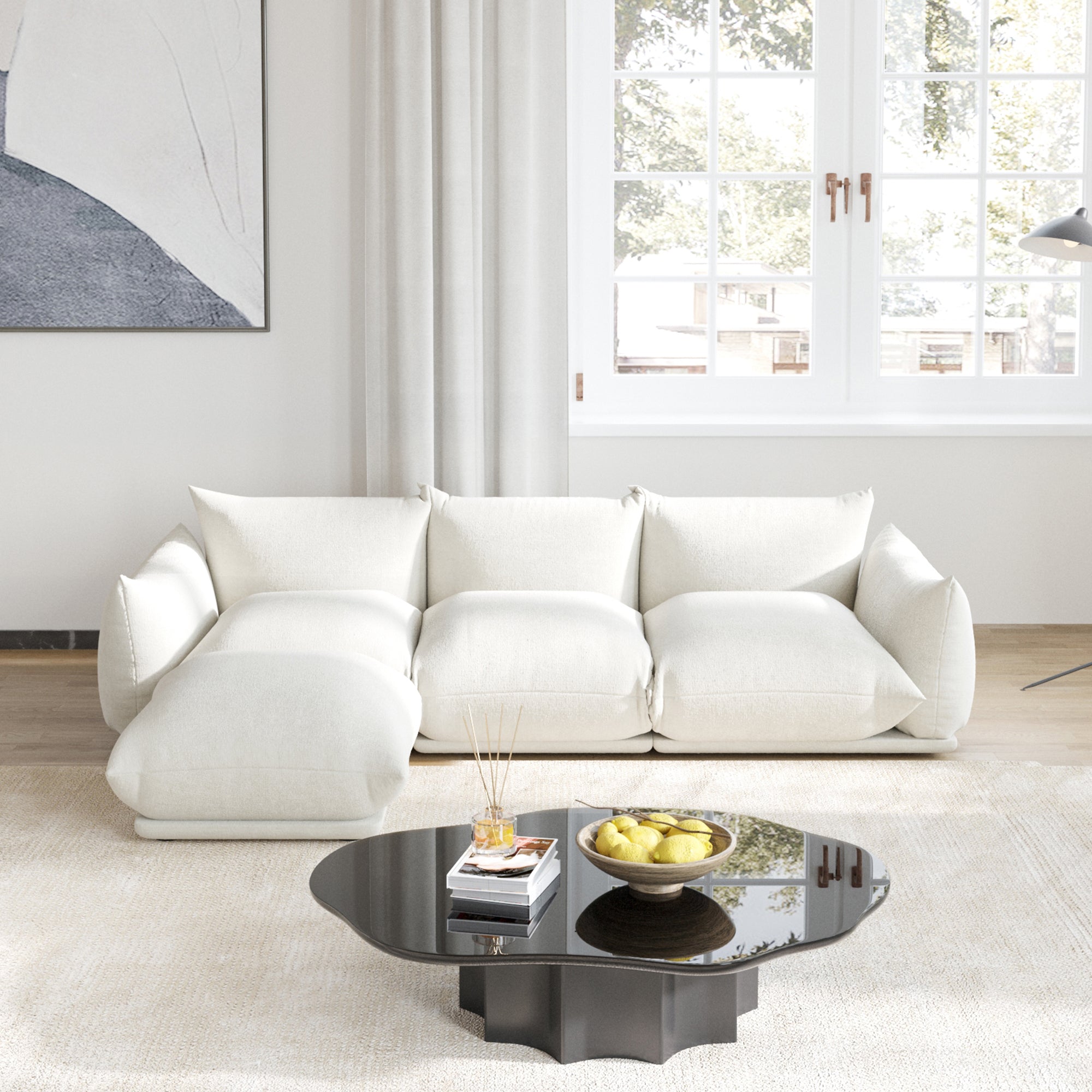 Chenille L-Shaped Modular Sofa with Ottoman – Soft Upholstery + Ground-Hugging Lazy Style, Relaxed Vibe Living Room Sofa