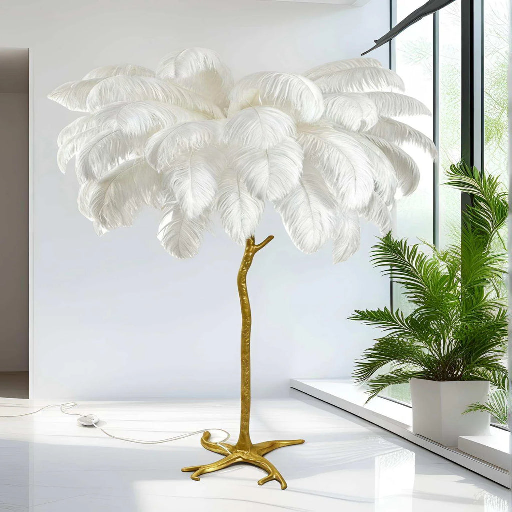 Ostrich Feather & Golden Branch Statement Lamp- White