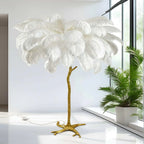 Ostrich Feather & Golden Branch Statement Lamp- White
