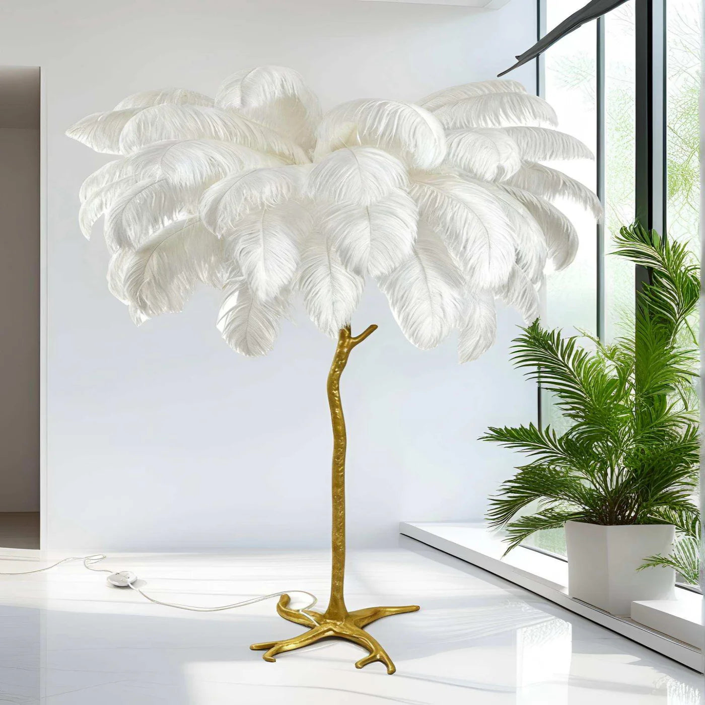 Ostrich Feather & Golden Branch Statement Lamp- White