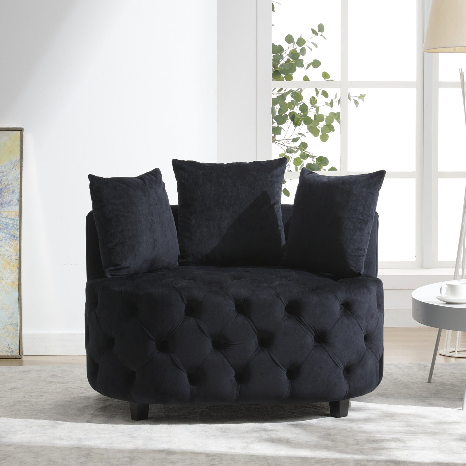 Pink or Black Modern Tufted Round Barrel Accent Chair with Pillows