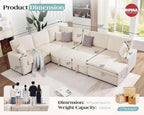 130 Inch Beige Corduroy Sectional Sofa Bed Storage Compartment