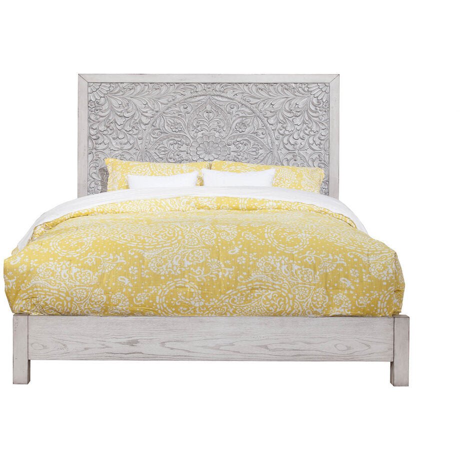 Aria Weathered White Carved Panel Bed