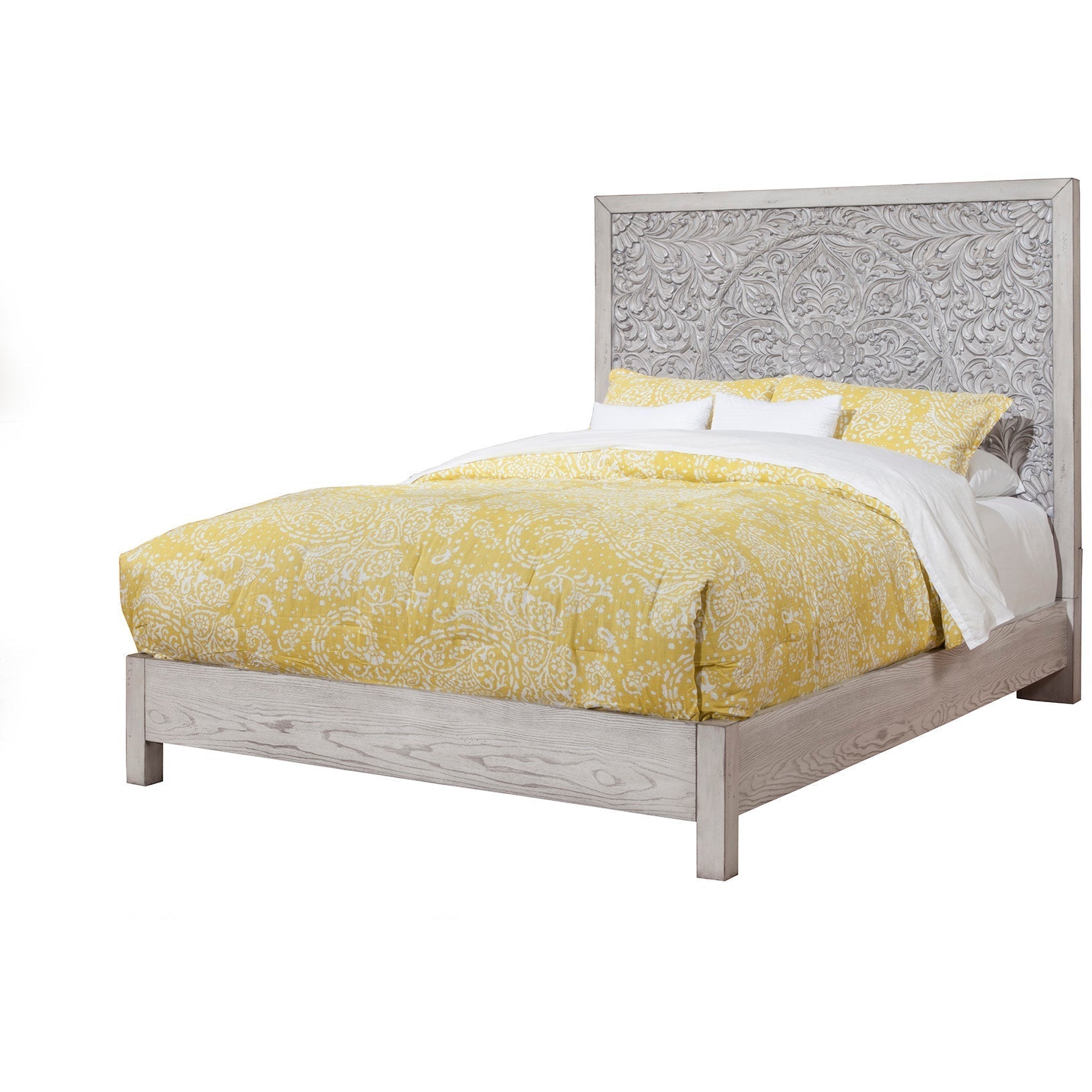 Aria Weathered White Carved Panel Bed