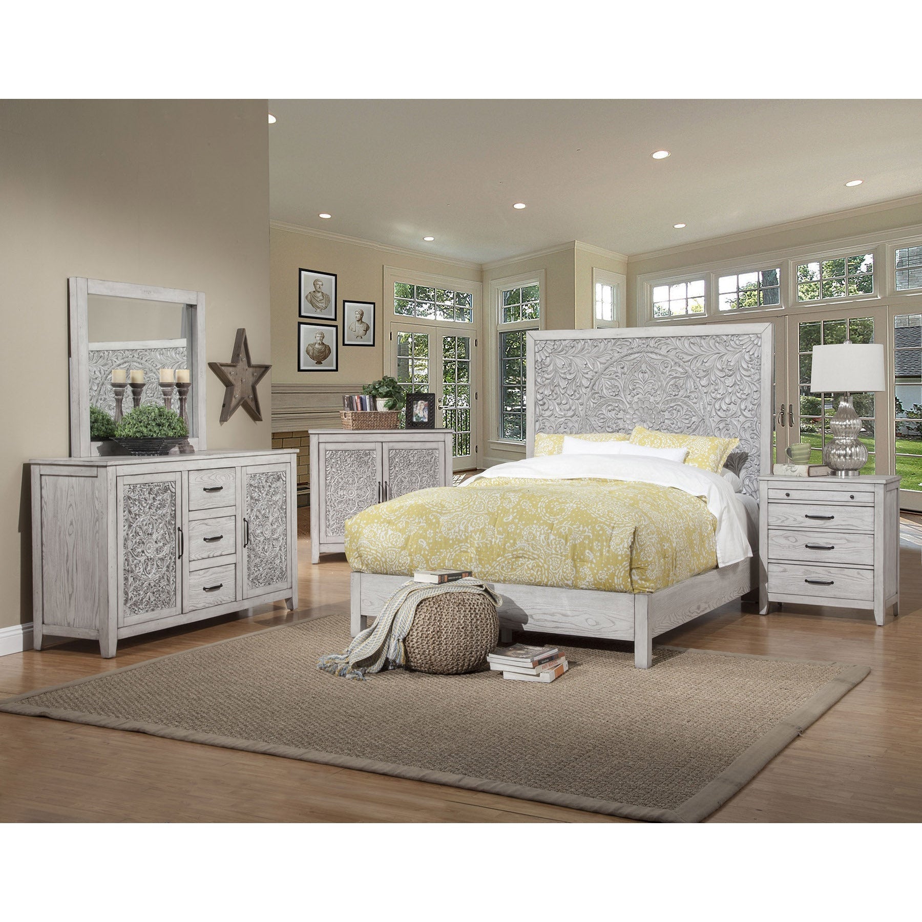 Aria Weathered White Carved Panel Bed