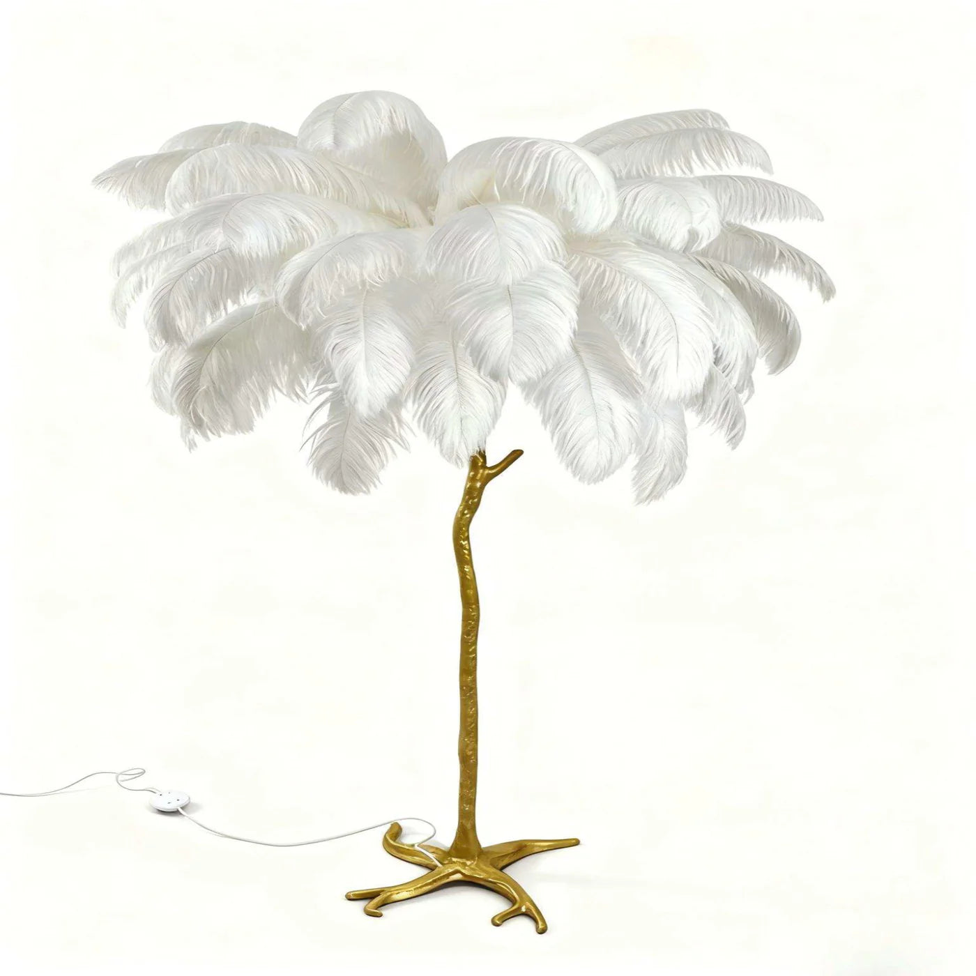 Ostrich Feather & Golden Branch Statement Lamp- White
