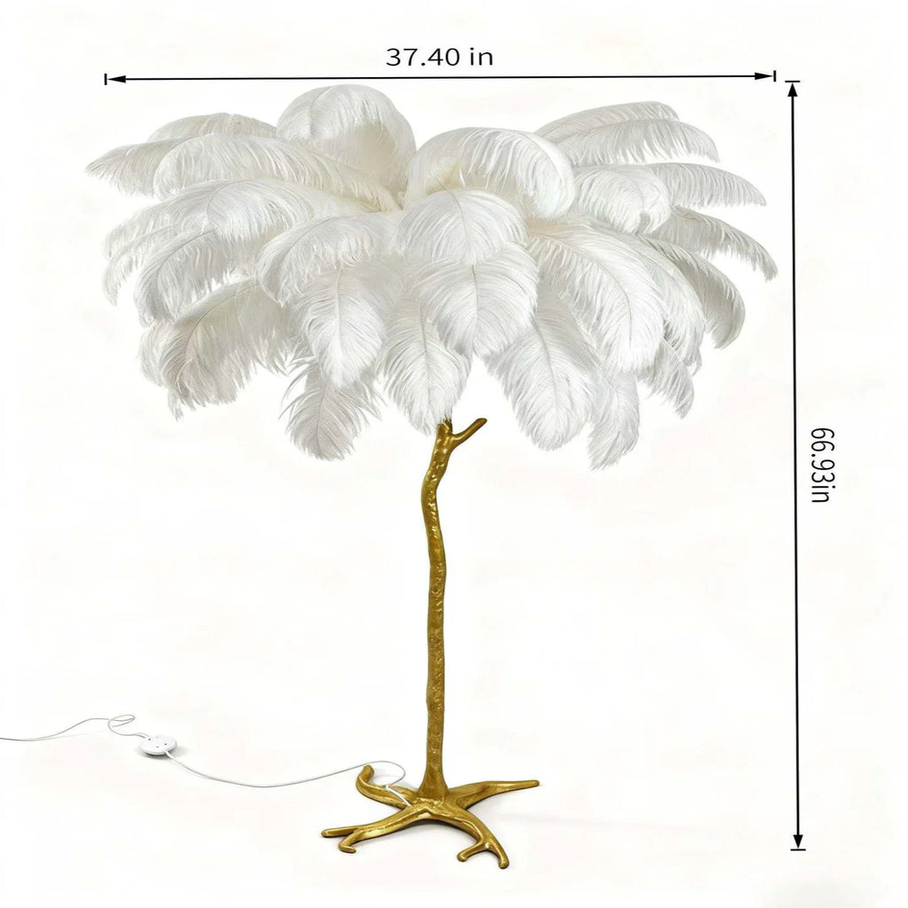 Ostrich Feather & Golden Branch Statement Lamp- White