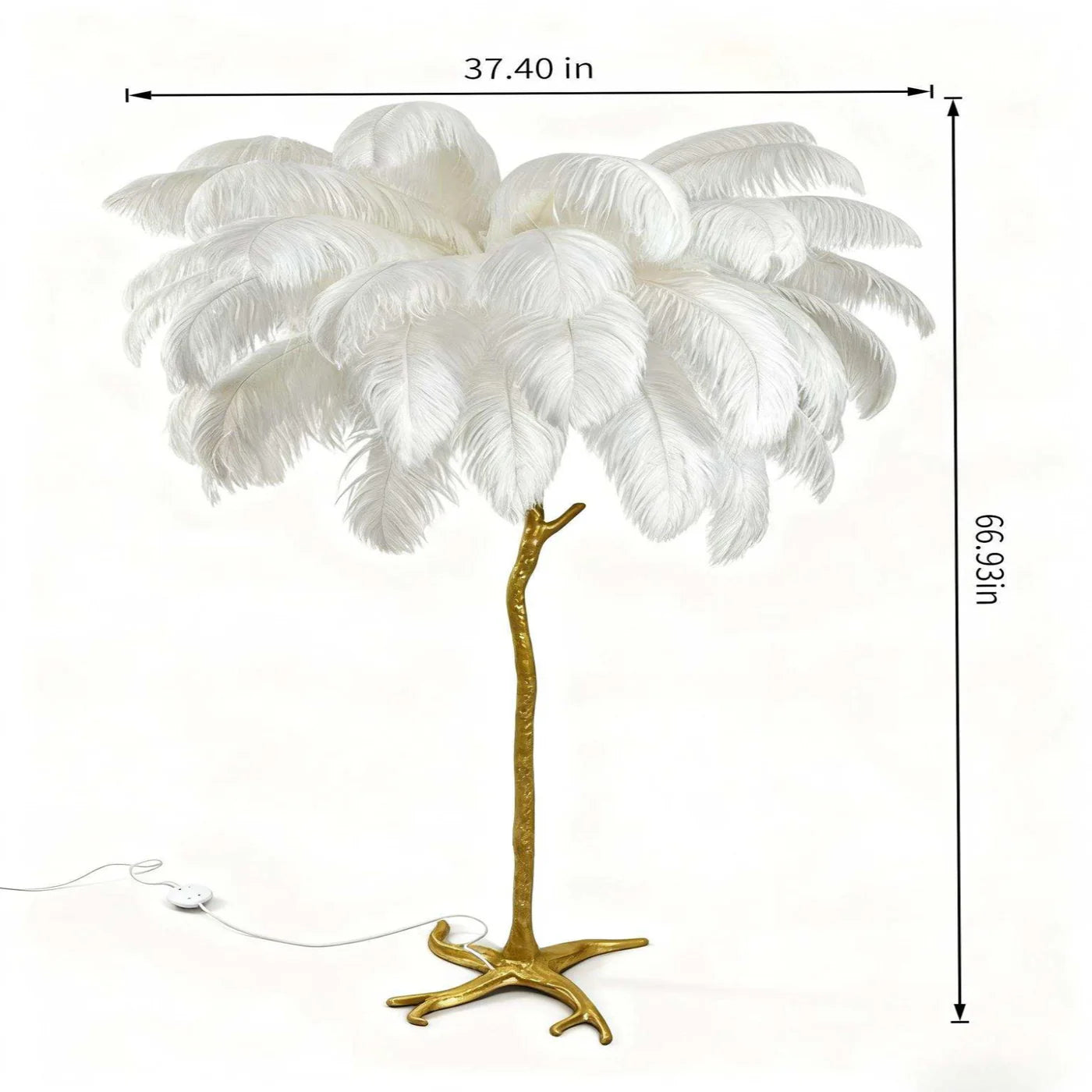 Ostrich Feather & Golden Branch Statement Lamp- White