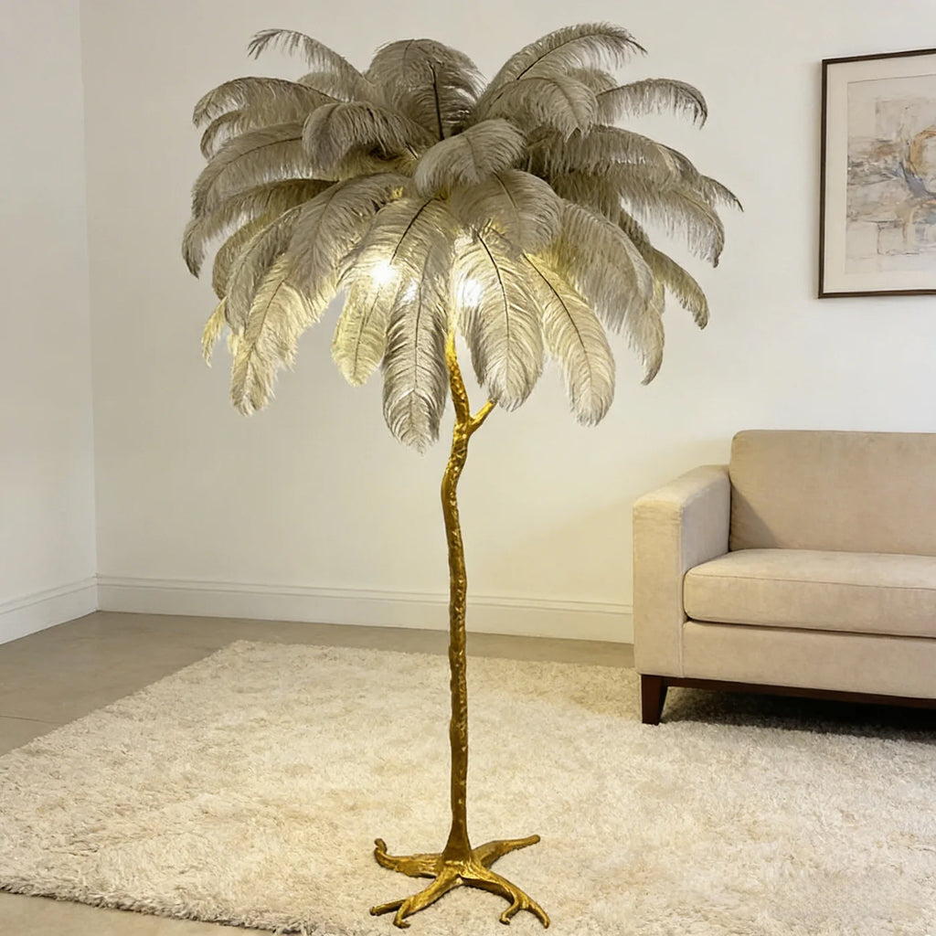 Luxury Ostrich Feather & Golden Branch Floor Lamp Camel Color