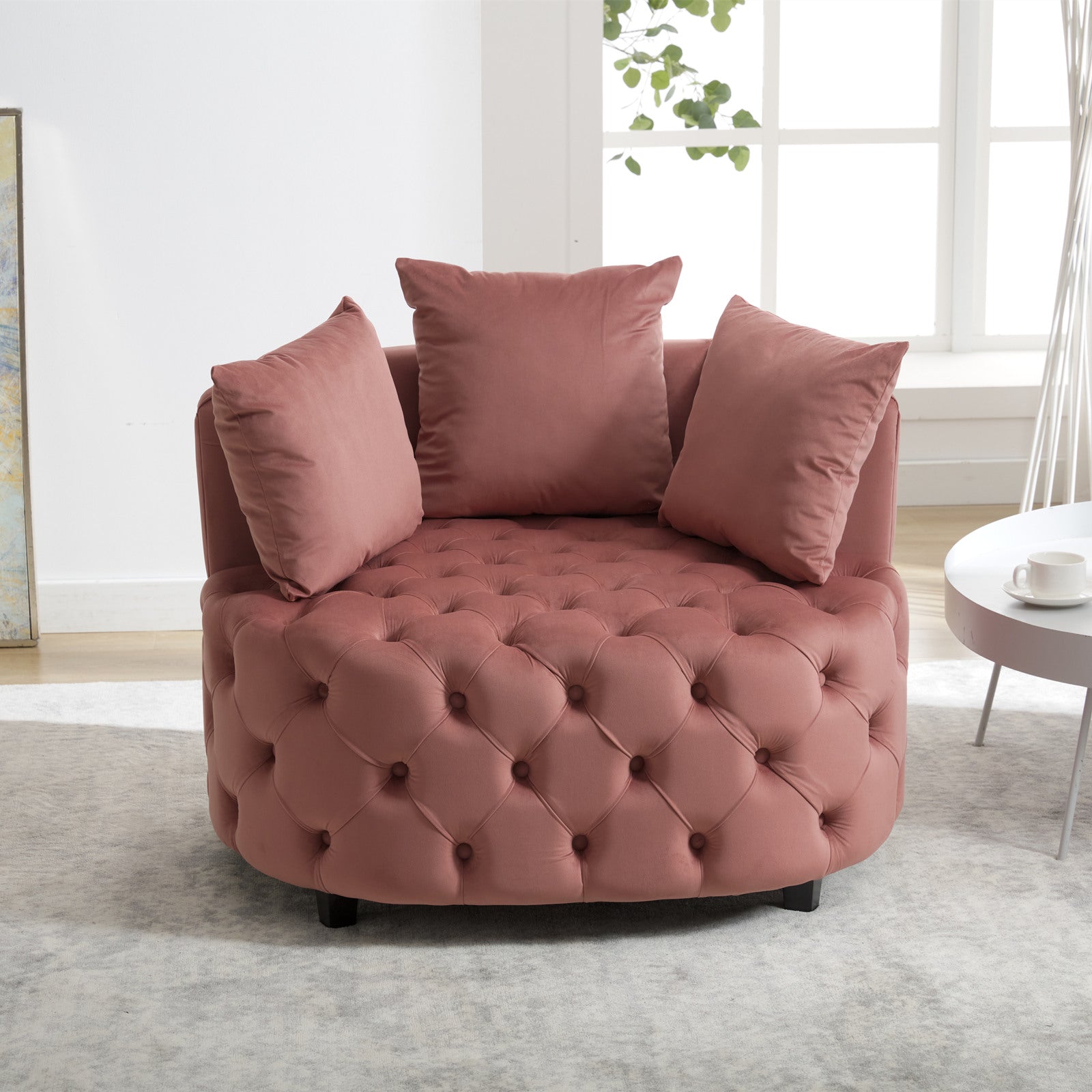 Pink or Black Modern Tufted Round Barrel Accent Chair with Pillows