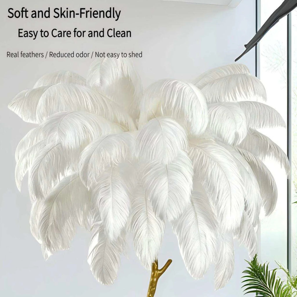 Ostrich Feather & Golden Branch Statement Lamp- White