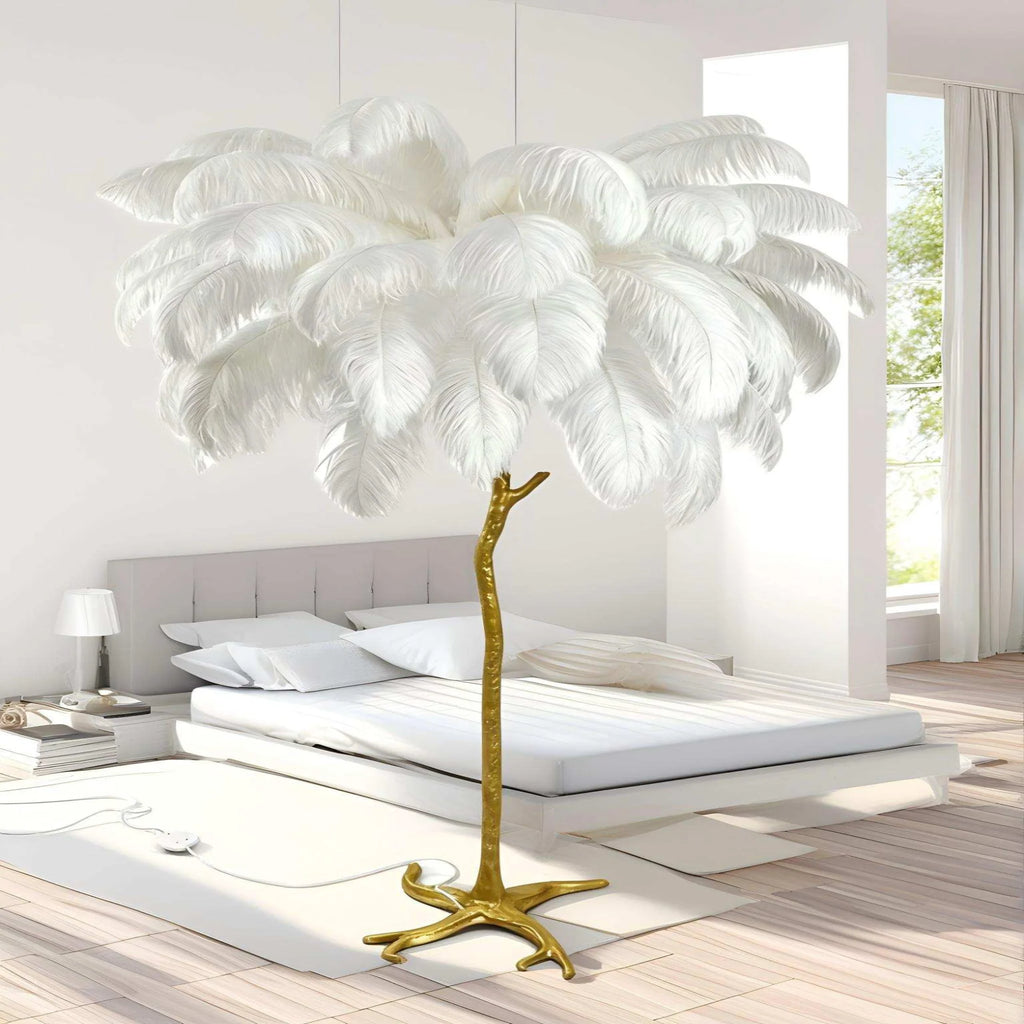 Ostrich Feather & Golden Branch Statement Lamp- White