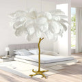 Ostrich Feather & Golden Branch Statement Lamp- White