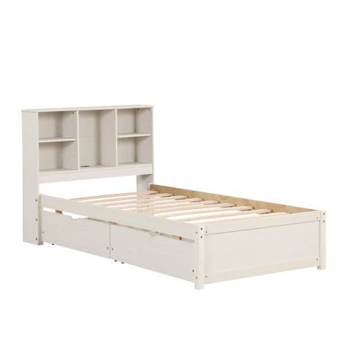 Twin Platform Bed Frame with Storage Headboard, USB Port & Drawers