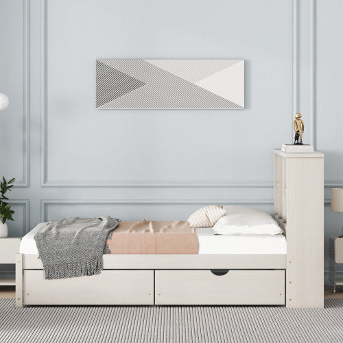 Twin Platform Bed Frame with Storage Headboard, USB Port & Drawers