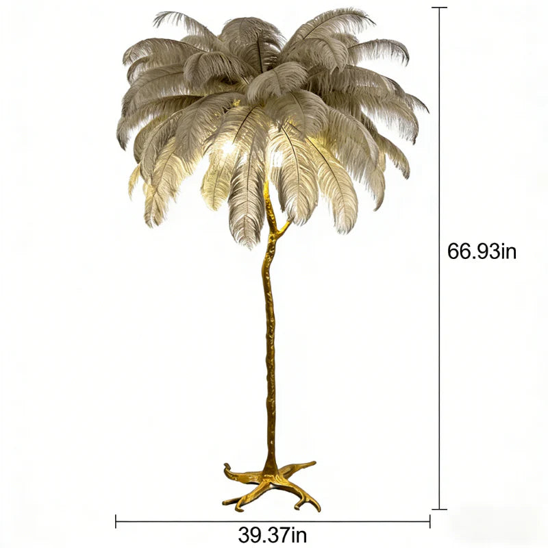 Luxury Ostrich Feather & Golden Branch Floor Lamp Camel Color