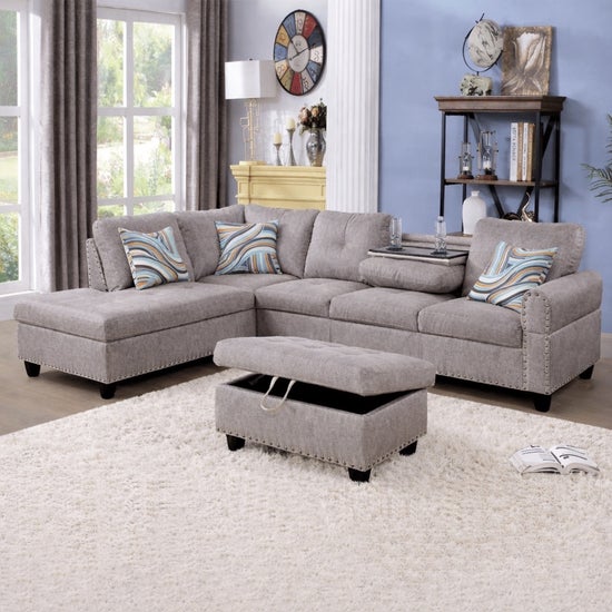 Brown-Grey Fabric Sectional with Chaise & Ottoman-F09918