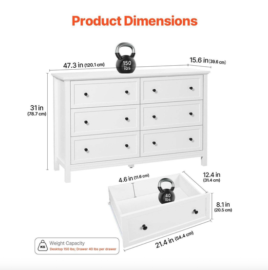White 6-Drawer Wooden Dresser – Minimalist Design