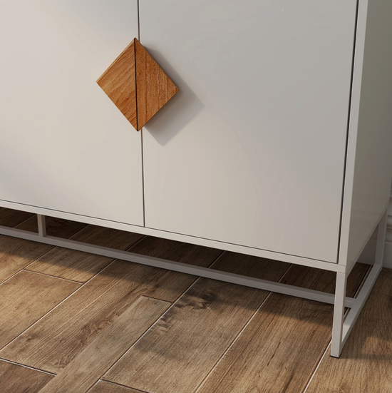White Sideboard Storage Cabinet – Wood Accent Handles
