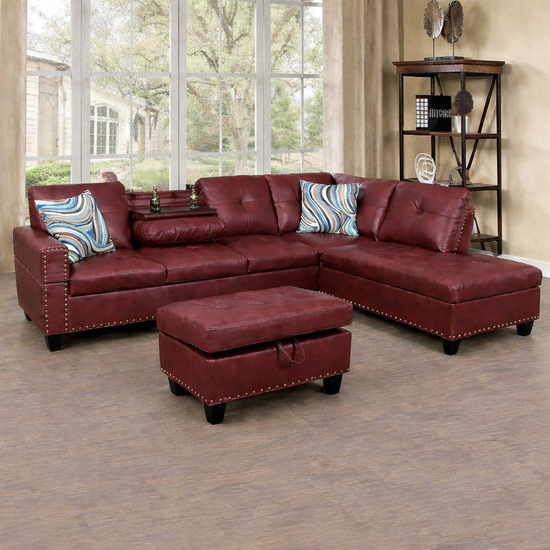 Red Faux Leather Sectional Sofa with Storage Ottoman- F09915