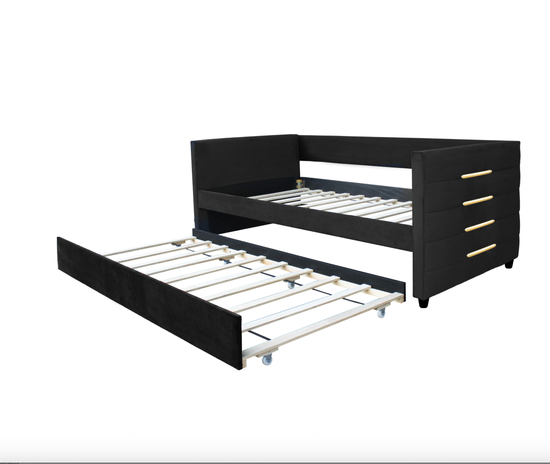 Twin Black Velvet Daybed with Trundle & Gold Accents