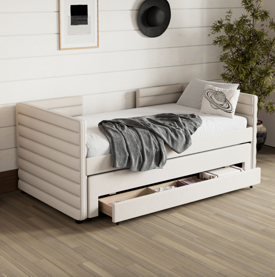Twin Upholstered Daybed with Storage Drawers – Linen Fabric