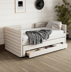 Twin Upholstered Daybed with Storage Drawers – Linen Fabric