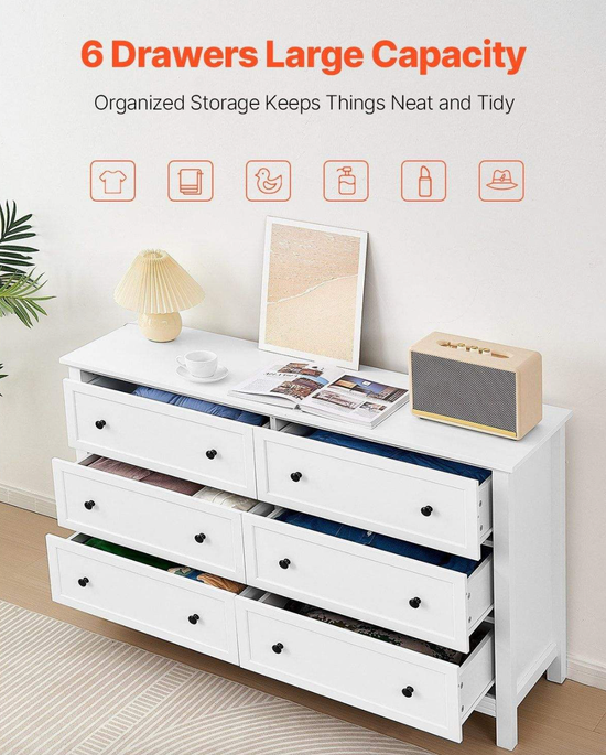White 6-Drawer Wooden Dresser – Minimalist Design