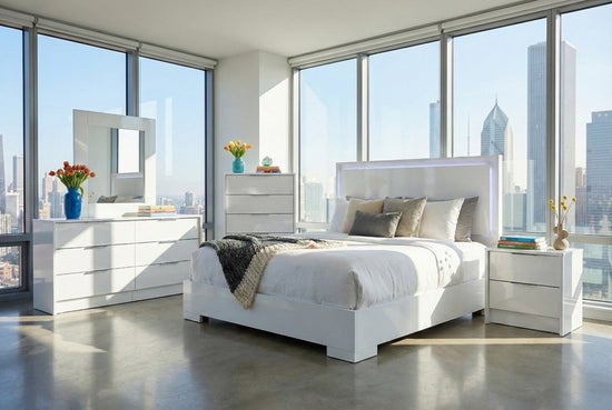 Florence Bedroom Collection – High Gloss White with LED Headboard