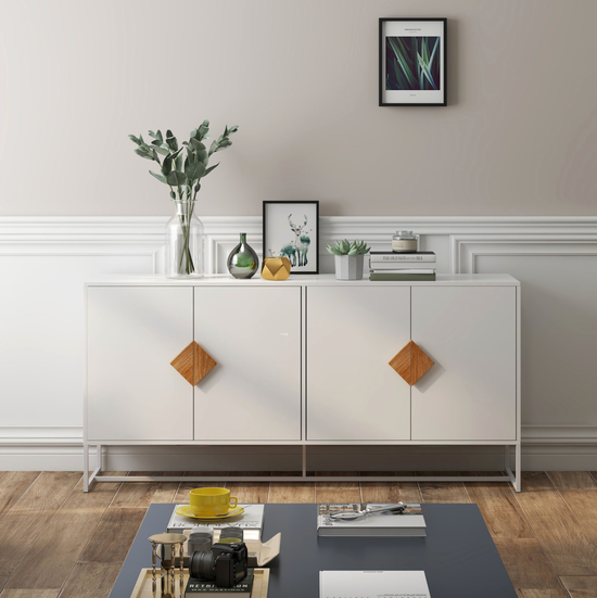 White Sideboard Storage Cabinet – Wood Accent Handles