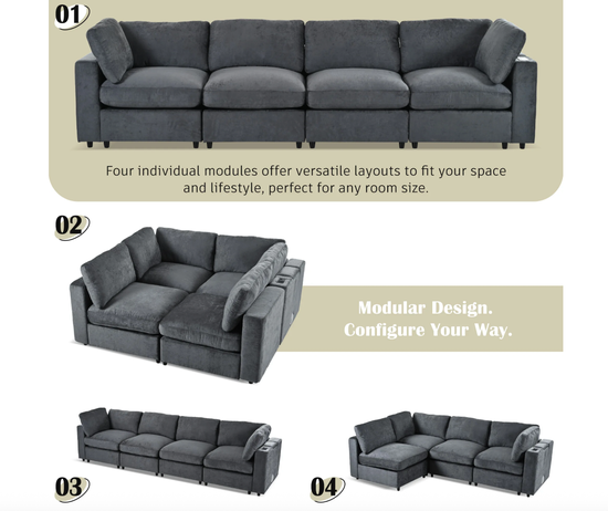 Smart Modular Sectional Sofa with USB, Storage & Bluetooth