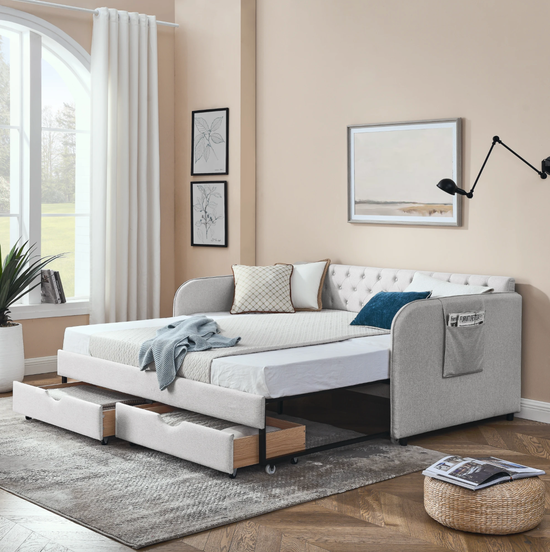 Twin Upholstered Daybed with Trundle & Storage Drawers
