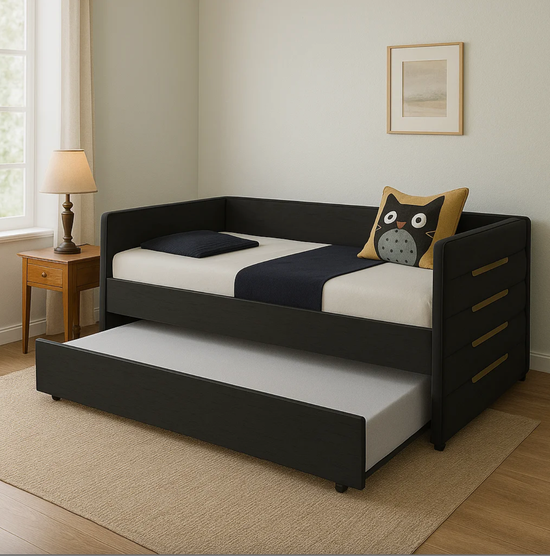 Twin Black Velvet Daybed with Trundle & Gold Accents