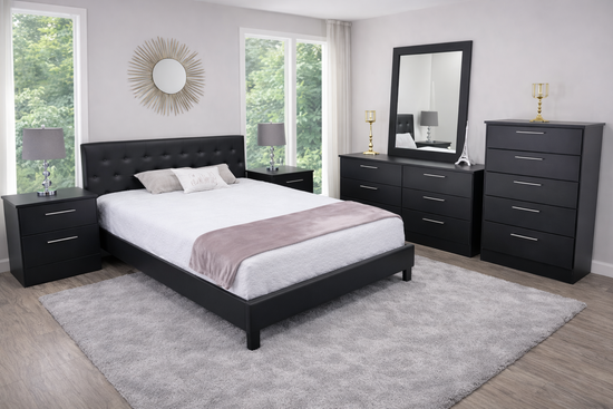 Modern Black 6-Piece Bedroom Set w/ Upholstered Bed
