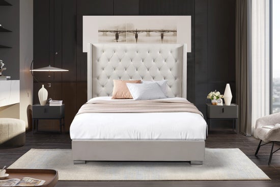 Velvet Beige Upholstered Platform Bed – Model SS8115