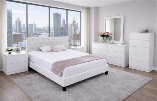 Modern White 6pc Bedroom Set w/ Upholstered Bed
