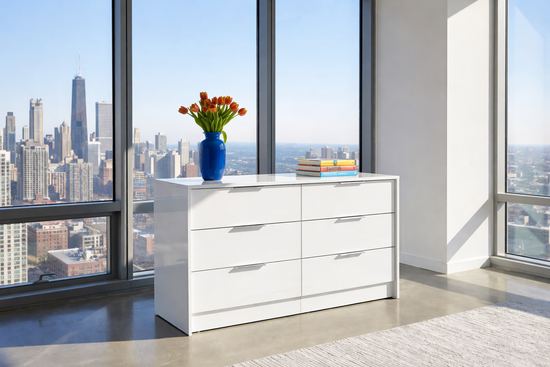 Florence 6-Drawer Dresser- White Glossy Finish