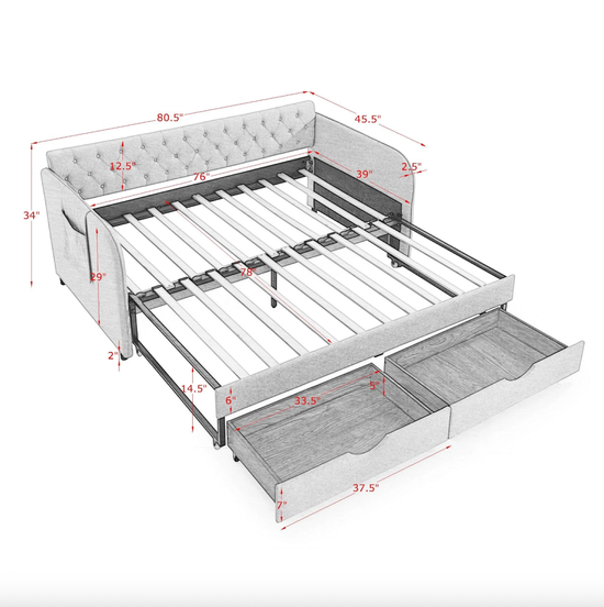 Twin Upholstered Daybed with Trundle & Storage Drawers