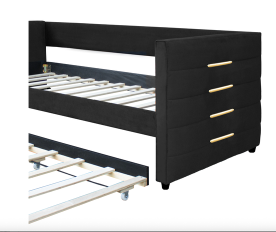 Twin Black Velvet Daybed with Trundle & Gold Accents