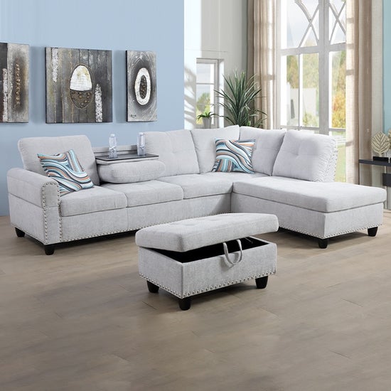 Grey White Upholstered Sectional with Console & Storage- F09913