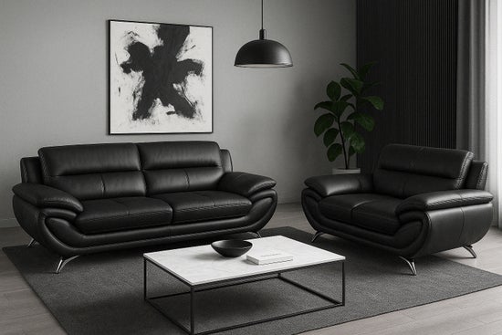 Venecia Faux Leather Living Room Set- Black