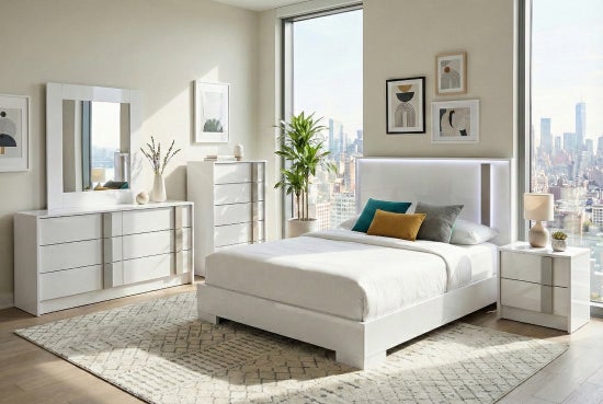 Vienna Bedroom Collection – White Glossy with Light Gray Accent