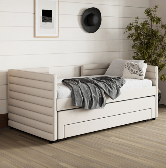 Twin Upholstered Daybed with Storage Drawers – Linen Fabric