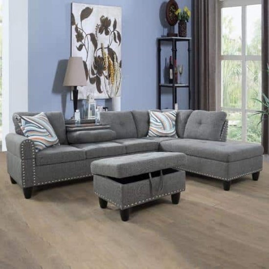Grey Fabric Right-Facing Sectional with Storage Ottoman